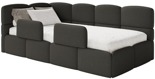 Selsey Jugendbett 120x200cm Braun Bouclé Stoff mit Matratze und Lattenrost, Polsterbett mit Stauraum und Bettkasten, Kinderbett mit 2 Schutzbarrieren, Jugendbett linksseitig