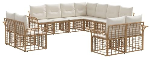 vidaXL Outdoor-Sofagarnitur 11 pcs Natürlich und Cremweiß Polyester, Garten Sofa Set, modernes Rattan, verstellbare Füße, wetterfest, gemütliche Sitzecke, Lounge für draußen