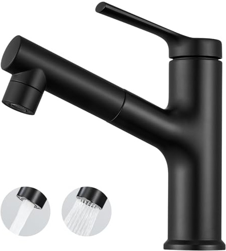 CECIPA Robinet Salle de Bain avec Douchette Extractible, 2 Modes, Noir | sans Plomb, Mousseur économique d'eau, Cartouche Céramique Silencieuse, Eau Chaude/Froide, Installation Facile avec Flexibles