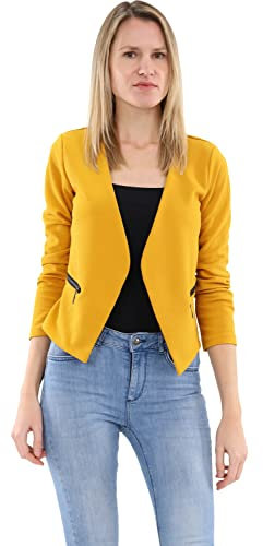 Malito - Damen Blazer Langarm - unifarbener Jerseyblazer - Kurze Basic Jacke - Sweatblazer mit Reißverschluss - Tasche - tailliertes Sakko 6040 (Dunkelgelb | Größe S)