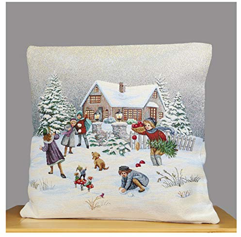 atelier alles-Spitze Winterliche Gobelin-Kissenhülle Schneeballschlacht 45 x 45 cm | Traumhafter Kissenbezug mit verdecktem Reißverschluss | EIN Zierkissen für Sofa, Bett und Eckbank