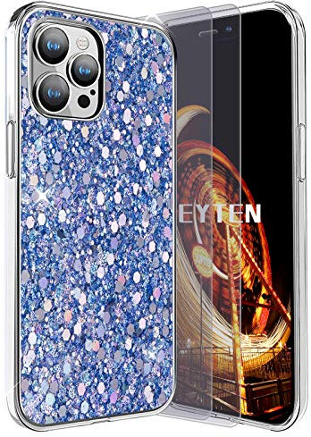 Feyten Compatible with iPhone 12 / iPhone 12 Pro Case (6.1 Inches) with Tempered Glass Screen Protector [2 pack], Bling Shiny Sparkle Glitter Design Slim Soft TPU Silicone Cover (Blue)