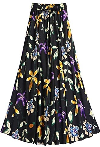 Coolwife Womens High Waist Skirts Midi Swing Pockets Elastic Waist A Line Boho Floral Print Skirt (Lily Black)