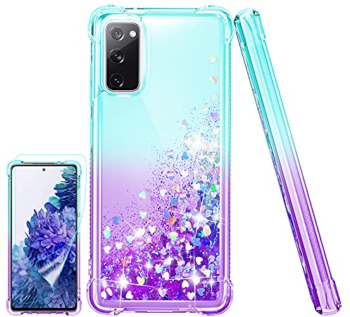 Kompatibel mit Samsung Galaxy S20 FE Hülle, (Unzerstörbar Stoßfestigkeit) Handyhülle Transparent Flüssigkeit Glitzer Slim Soft Silikon TPU Mädchenhaft Frau Handyhülle, Hülle für S20 FE,Blaugrün/Lila