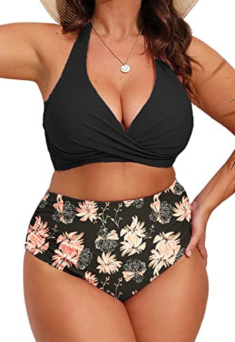 Yutdeng Maillots de Bain Femme 2 Pièces Halter Réglable Bikini Grande Taille Swimwear de Plage Col en V Elégant Ruched Beachwear Dos Nu contrôle du Ventre Maillot de Bain Rose XL