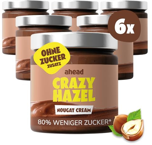 ahead CRAZY HAZEL | 6 x 200g Haselnusscreme ohne Zuckerzusatz | Super leckerer Schokoaufstrich mit 80% weniger Zucker* | Ohne Palmöl, glutenfrei & vegetarisch | Zuckerarmer Brotaufstrich Schokocreme
