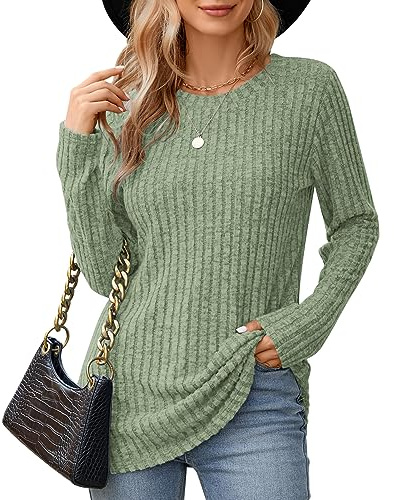 WNEEDU Maglie a Maniche Lunghe da Donna Felpe Girocollo Leggere e morbide Maglioni a Righe Tinta Unita da Donna Maglioni Pullover Verde Pisello L