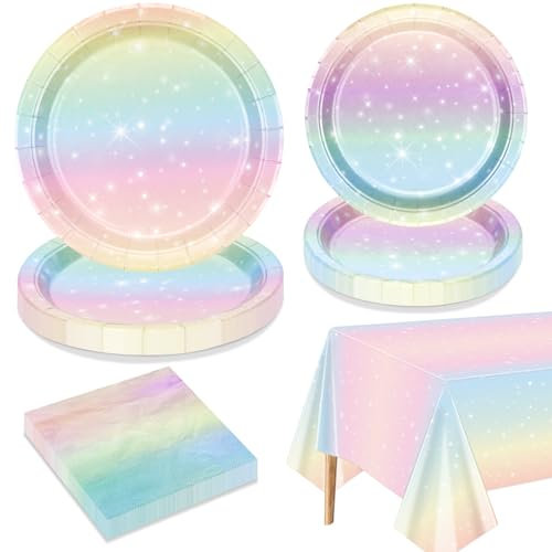 QUERICKY Decorazioni per Festa di Compleanno Arcobaleno Pastello per 20 Ospiti - Piatti di Carta, Tovaglioli, Tovaglia