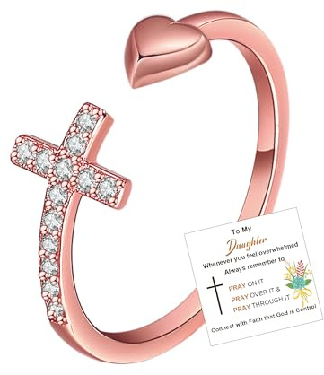 OAOMRIA To My Daughter Rings S925 Sterling Silver Cross Ring for Women Cubic Zirconia Sterling Silver Adjustable Rings Christian Pray Silver Cross Rings for Women Thumb Ring With Inspirational Card