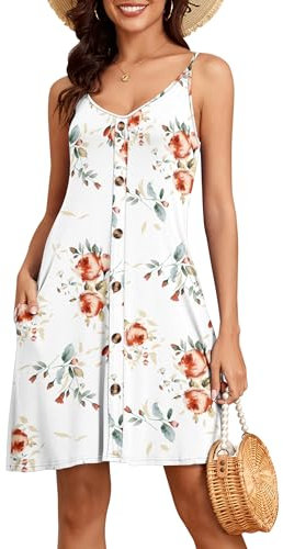 NARRAME Robes d'été décontractées à Bretelles Fines et col en V pour Femme - Robe d'été décontractée à Fleurs avec Poches - Rose Blanc Moyen