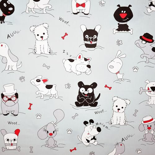Textrend Baumwollstoff Meterware - Stoff zum Nähen - 100% Baumwolle - Textilien 1x1.6m - Stoffe Meterware - Katzen und Hunde Muster (Verrückte Hunde auf grauem Hintergrund)