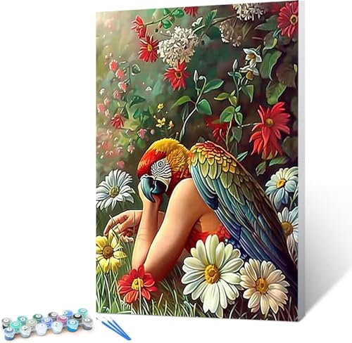 Peinture par Numéro Adulte Femme - Activité Manuelle Kit de Loisir Créatif DIY Numéro d'art Complet - Perroquet 40x50cm (Sans cadre)