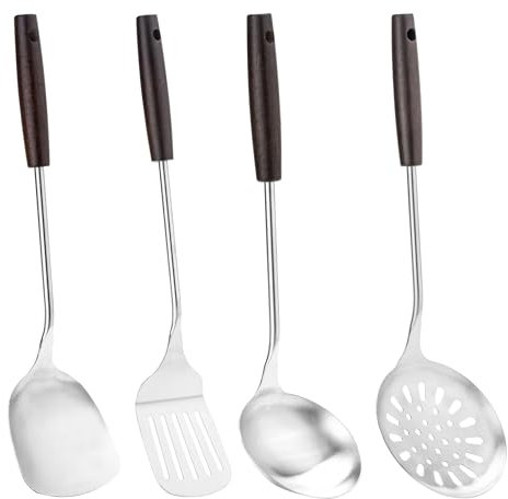 FJNATINH Wok Utensil-Wok Spatula, wok Cuchara, espumadera Wok y espátula ranurada, juego de utensilios de cocina, acero inoxidable, con mango de madera resistente al calor