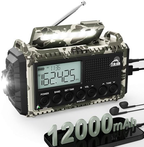 12000 mAh Radio Portatile Energia Solare di Emergenza,AM/FM//SW, SOS, Ricaricabile,Lampada da Lettura, Usb/Tipo C,Torcia, Sopravvivenza Impermeabile, Campeggio
