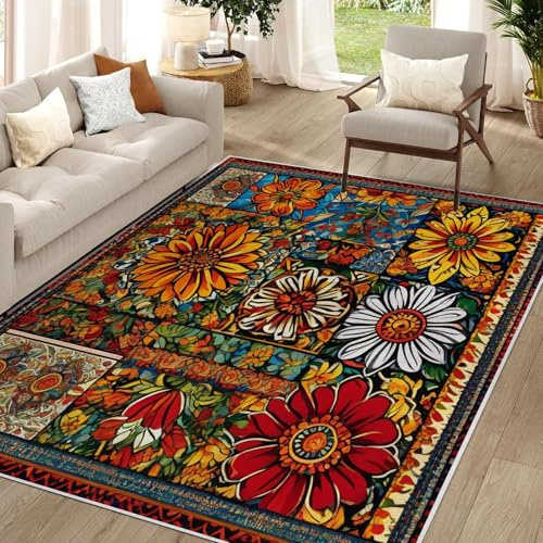 dyausi Waschbarer Teppich 100x200 cm, Kurzflor Teppich Schlafzimmer, Teppich Gelb Rot Blumen Patchwork Vintage Boho, Carpet antirutsch für Wohnzimmer, Esszimmer, Arbeitszimmer, Kinderzimmer