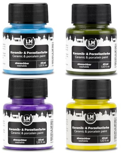 LM-Kreativ Porzellan- & Keramikfarbe 4 x 45 ml Set - Vintage Vibes - Pastell Zauber - Spülmaschinenfest. Glas- und Keramikfarbe für Tassen Bemalen, Porzellan Bemalen, Kreative Projekte auf Glas & Ton