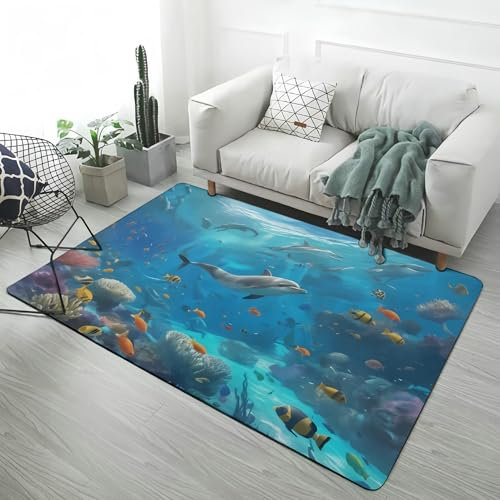LOMDEM Unterwasserwelt Teppich, Heimdekoration Ozean Korallenriff Schildkröte Delfin Hai Druck 3D Teppich Wohnzimmer Blau Spielmatte für Jungen Mädchen, Teppich für Kinderzimmer, 120x180 cm, Color 6