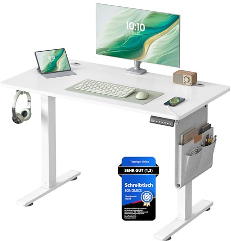 SONGMICS Bureau Électrique Réglable en Hauteur, 100 x 60 cm, Table Assis-Debout, Fonction Mémoire 4 Hauteurs, pour Bureau, Télétravail, Blanc Mat LSD130WZ01