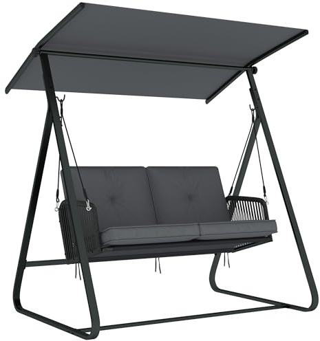 Outsunny 2-Seater Rattan Swing Chair, Outdoor Garden Hanging Swing Seat with Stand, Adjustable Canopy and Soft Cushions, Porch Hanging Chair for Balcony, Garden, Dark Grey