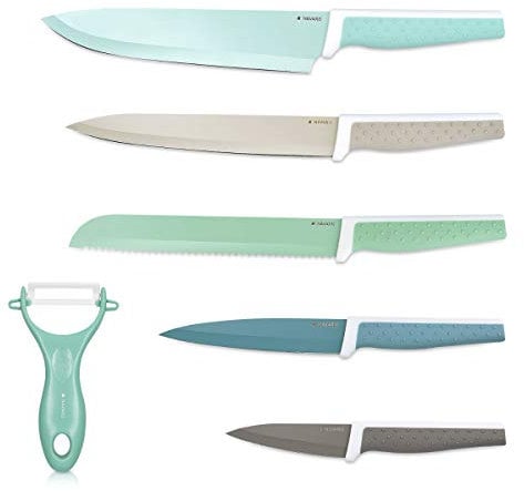 Navaris Messer Set 6-teilig inkl. Schäler - 5x Edelstahl Küchenmesser und 1x Keramik Gemüseschäler - Fleischmesser Brotmesser - Messerset bunt
