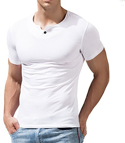 Mens Short Sleeve Cotton Muscle Slim Fitted Sport Henley T-Shirt with Button White XL