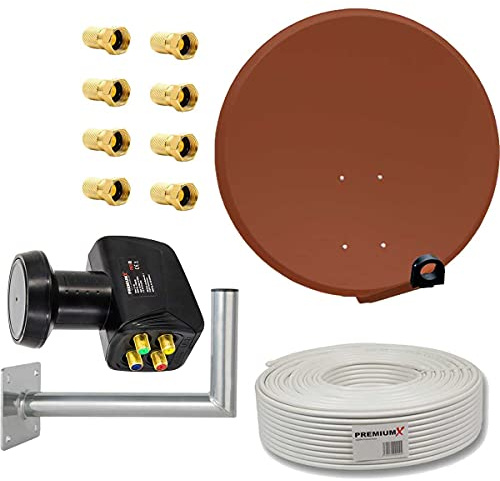 PremiumX Satelliten-Komplettanlage 80cm Satellitenschüssel Ziegelrot Quad LNB Kabel 50m Wandhalter 45cm, SAT bis 4 Teilnehmer
