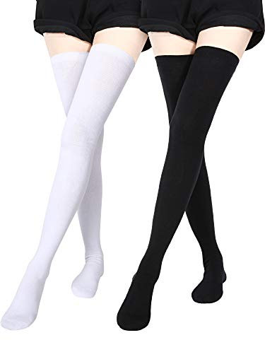 Extra Long Socks Thigh High Cotton Socks Extra Long Knee Boot Stockings for Women (Black and White)