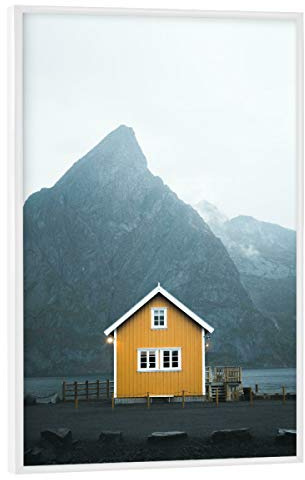artboxONE Poster mit weißem Rahmen 90x60 cm Natur Yellow Hut Lofoten Islands Norway - Bild lofoten