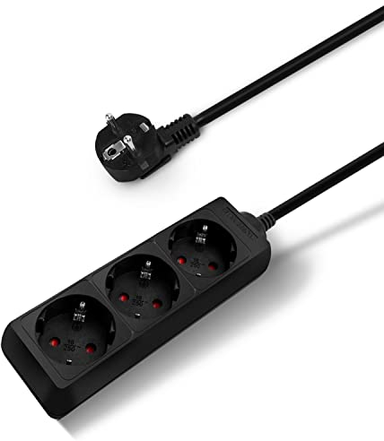 Aigostar Regleta Alargador de 3 Enchufes con Cable de 3 Metros， Color Negro
