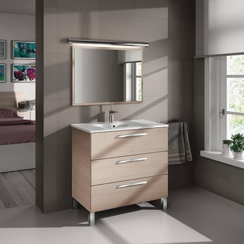 Dmora - Mobile sottolavabo Palmdale, Mobiletto per bagno, Armadio a 3 cassetti e specchio, lavabo non incluso, 80x45h86 cm, Rovere
