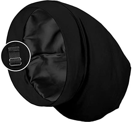 PARISBELLA Cuffia per dormire foderata in raso, per capelli ricci e trecce, per tutta la notte, con cinghia regolabile, per donne e uomini, colore nero, confezione da 1