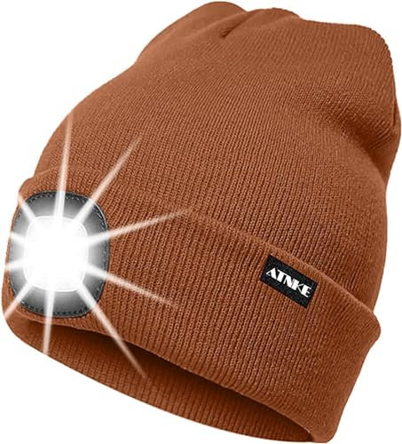 ATNKE LED Beleuchtete Mütze,Wiederaufladbare USB Laufmütze mit Licht Extrem Heller 4 LED Lampe Winter Warme Stirnlampe für Herren und Damen Geschenke/Red Brown