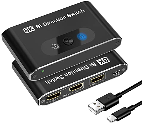 HDMI-Switch 8K HDMI 2.0 Splitter, Aluminium bidirektionaler HDMI-Umschalter 2 Eingänge 1 Ausgang, HDMI-Switch-Verteiler 1 x 2/2 x 1, unterstützt 8K 3D HD 1080P Plug and Play für Xbox PS4 Roku HDTV