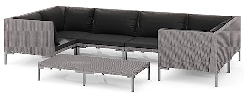 vidaXL Gartenmöbel 7-TLG. mit Auflagen Mittelsofa Ecksofa Couchtisch Sitzgruppe Sofa Lounge Garten Garnitur Gartenset Gartensofa Poly Rattan Dunkelgrau