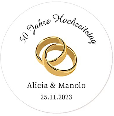50 PERSONALISIERT Goldene Hochzeit Aufkleber, Goldene Ringe 40mm Runde Hochzeitsaufkleber Etiketten für Hochzeit,Gastgeschenk,50 Jahre Hochzeitstagfeier,Tüten,Flaschen - Rd 010 (002)