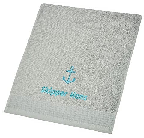 Wolimbo Saunahandtuch Bestickt mit Namen und Motiv - 100x210 cm - hellgrau - weiches Duschtuch personalisiert - Strandtuch - Geschenk