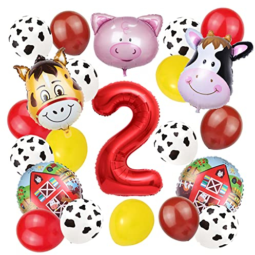 Bauernhof Tier Ballon für 2. Geburtstag Party Dekorationen Kuh Luftballons Kuh Druck Barnyard Ballon Supplies mit Großer Zahl 2 Folienballon (Rot 2. Geburtstag)