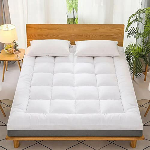 VL Mattress Topper 10cm Thick Hotel Quality Microfiber Filled Box Stitched Quilted Bed Topper with 4 Corner Straps Hypoallergenic Soft and Firm Hotel Quality (10 CM, King - 152 × 200 CM)