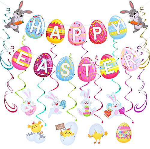 AhfuLife Osterdeko Banner, Ostern Deko, 1 Stück Frohe Ostern Banner Ostergirlande und 10 Stück Osterhase & Ostereier Spiral zum Aufhängen für Kinder Osterfeier Drinnen Draußen Garten Party Dekoration