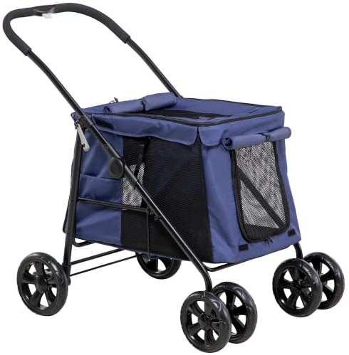 PawHut Dog Pram 4 Wheels Pet Pushchair for Medium Breeds Dark Blue | Dog Stroller, Rolling Door, Cushion, Safety Leashes