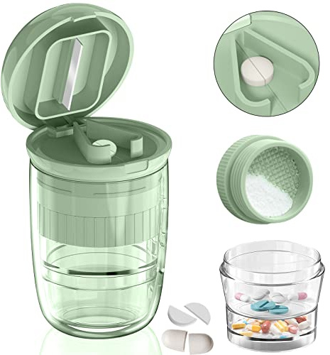 GloDeals Pill Cutter Crusher Splitter: 3-in-1 Portable Storage Case Green