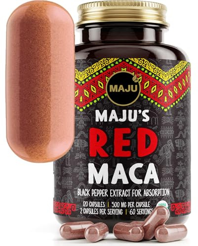 Maju Superfoods Organic Red Maca Root Capsules 120ct - Women Focused Curve Enhancement Nutrition Booster Pills, Gain for Thighs, Powder in Pill Supplement