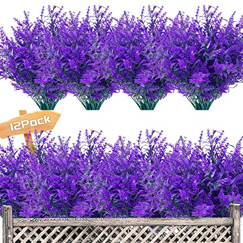 12 Bundles Artificial Lavender UV Resistant Plants Outdoor Faux Flowers Shrubs for Floral Arrangement, Indoor Outside Hanging Garden Home Wedding Farmhouse Decor (Purple)