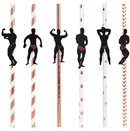6 Pcs Paille EVJF en Forme d'homme Musclé Pailles Rose Gold Et Or pour Fête Anniversaire Bar Restaurant Maison (Rose Gold)
