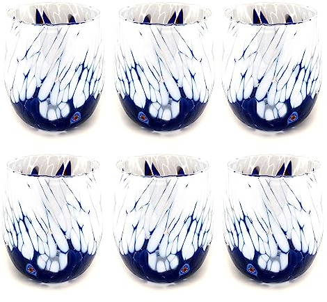 MAZZEGA ART & DESIGN Wassergläser Bicolor aus handgefertigtem und handgearbeitetem Muranoglas mit Murrine-Muster - Die Farben von Murano - Bicolor 435ml. (6, Blau)