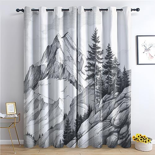 SZLYZM Vorhänge Berge, Verdunkelungsvorhang 2er Set - Vorhang Blickdicht Natur Muster, Thermovorhang für Deko Wohnzimmer Schlafzimmer Kinderzimmer, Gardinen mit Ösen 160x132 cm (HxB)