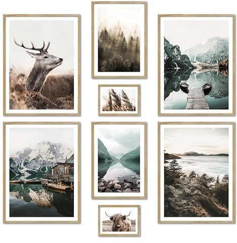 ARTFAVES® Poster Set - MYSTI RIVER - mehrteilige Wanddeko Wohnzimmer & Schlafzimmer - 8 moderne Wandbilder Pragser See, Wald, blau, braun, Berge, Hirsch, Dolomiten - mit Rahmen Eiche