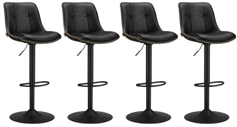 VASAGLE Barhocker 4er Set, Barstühle höhenverstellbar, drehbare Küchenhocker, gesteppter PU-Bezug, mit Rückenlehne und Fußstütze, Esszimmer, Theke, Stahl, tintenschwarz LJB295B01