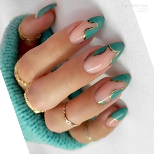 24PCS Medium False Nails with Glue Stickers, Almond Full Cover Acrylic Press on Nails no Glue,Green Waves French Fake Nails for Women and Girls Nail Art