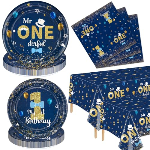 Mr Onederful 122 Decorazioni di Compleanno - Piatti Blu Oro, Tovaglioli e Tovaglia per Primo Compleanno, Baby Shower - Decorazioni per Bambino